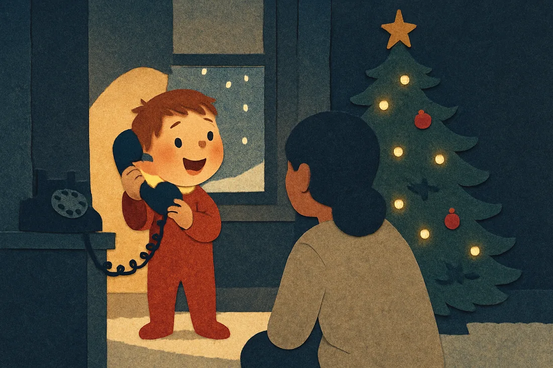 Un niño en pijama rojo contesta un teléfono antiguo frente al árbol de Navidad mientras su mamá lo mira.