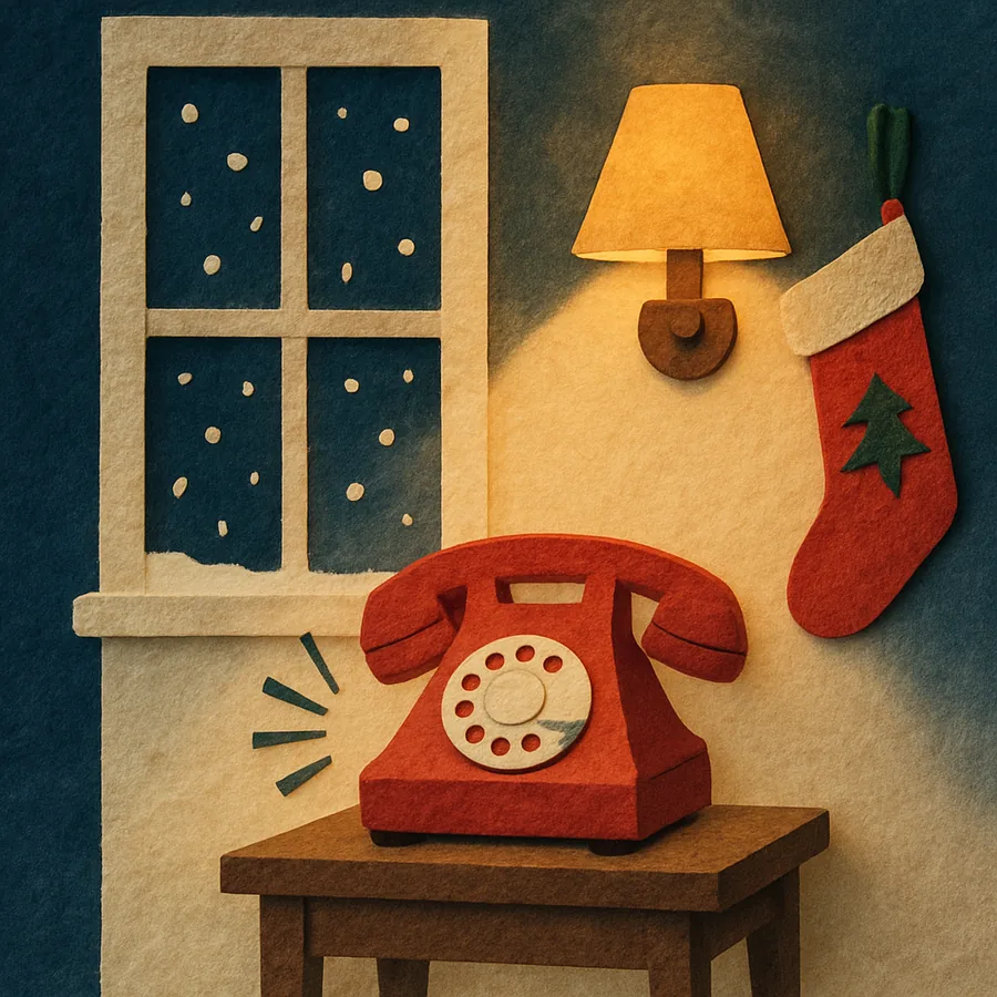 Un teléfono rojo sonando en la mesita del pasillo, con nieve afuera de la ventana.